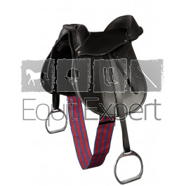 Selle pour poney équipée de sangle, étriers et étriveres, selle ajustable grâce aux panneaux amovibles (Velcro). PFIFF 100211