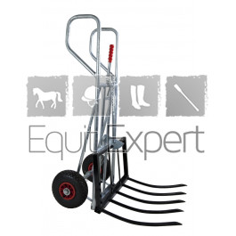 Le chariot à bras articulé pratique est idéal pour transporter les bottes de foin et pour enlever le fumier de cheval directement du box sans effort.