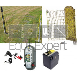 Kit clôture électrique 25 Ares pour volailles. Electrificateur mixte 12/230V, Batterie, filets, Portillon.