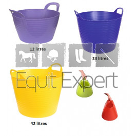 Seau flexible FlexBag vert, violet, rouge, bleu ou jaune de 12,28 ou 42 litres avec poignées pour les chevaux.
